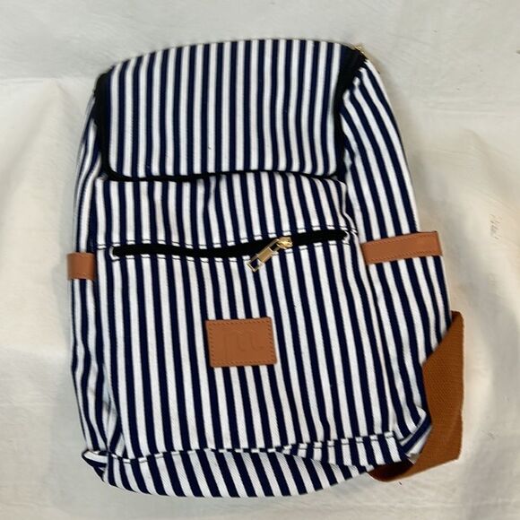 Jessica Moore Striped Backpack New 2 Zipper Sections 3 Pockets Navy White Brown - Picture 2 of 7
